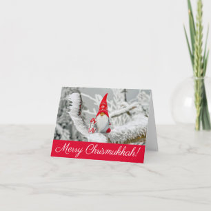 Carte Joyeux Chrismukkah Elfe rouge et blanche avec prés