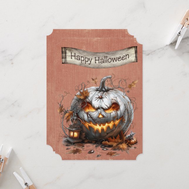 Carte Joyeux Citrouille blanc d'Halloween (Devant/Arrière en situation)