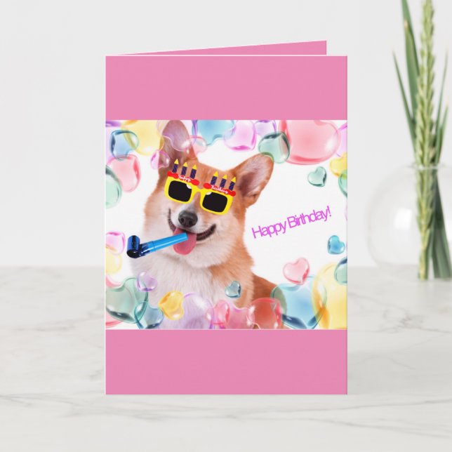 Carte Joyeux Corgi d'anniversaire avec lunettes pour ell (Devant)
