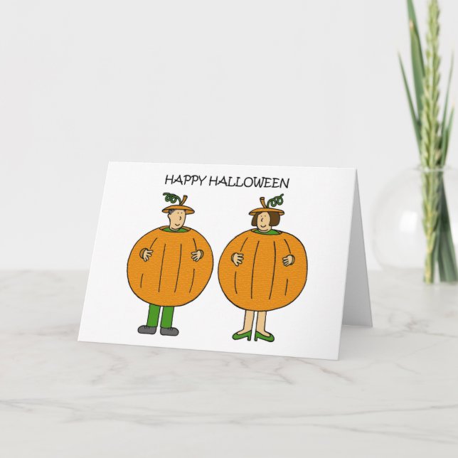 Carte Joyeux Couple de Dessin d'Halloween en costumes. (Devant)