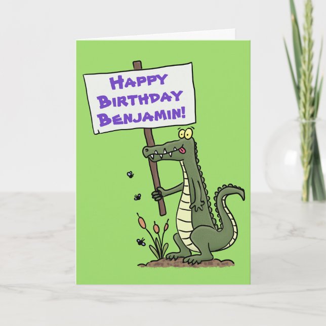 Carte Joyeux crocodile de dessin animé avec signe person (Devant)