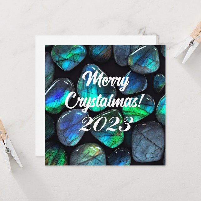 Carte Joyeux Crystalmas ! 2023 Blue Labradorite Gemstone (Devant/Arrière en situation)