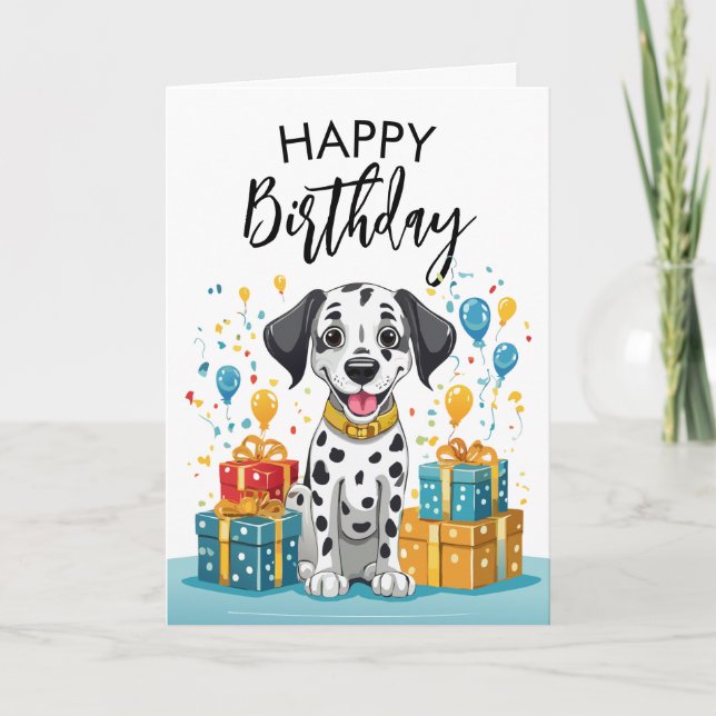 Carte Joyeux Dalmatien avec des cadeaux et Confetti Anni (Devant)
