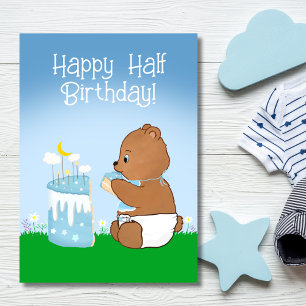 Carte Joyeux demi-anniversaire Teddy Bear Manger Gâteau