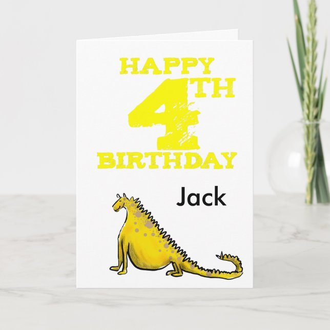 Carte Joyeux dinosaure de dessin animé de 4 ans - garçon (Devant)