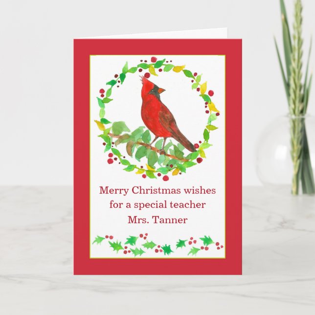 Carte Joyeux enseignant de Noël Rouge Cardinal Bird Cust (Devant)