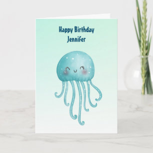 Carte Joyeux et joyeux poisson bleu-vert Jellyfish Anniv