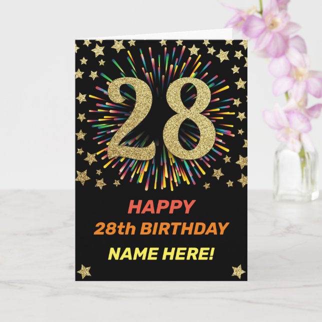 Carte Joyeux feu d'artifice Black & Gold 28th Birthday R (Orchidée)