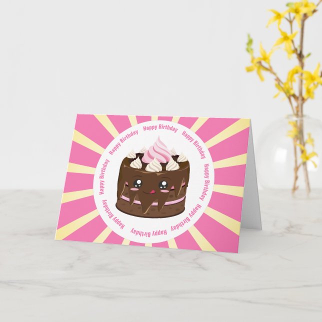 Carte Joyeux gâteau au chocolat kawaii anniversaire (Fleur jaune)