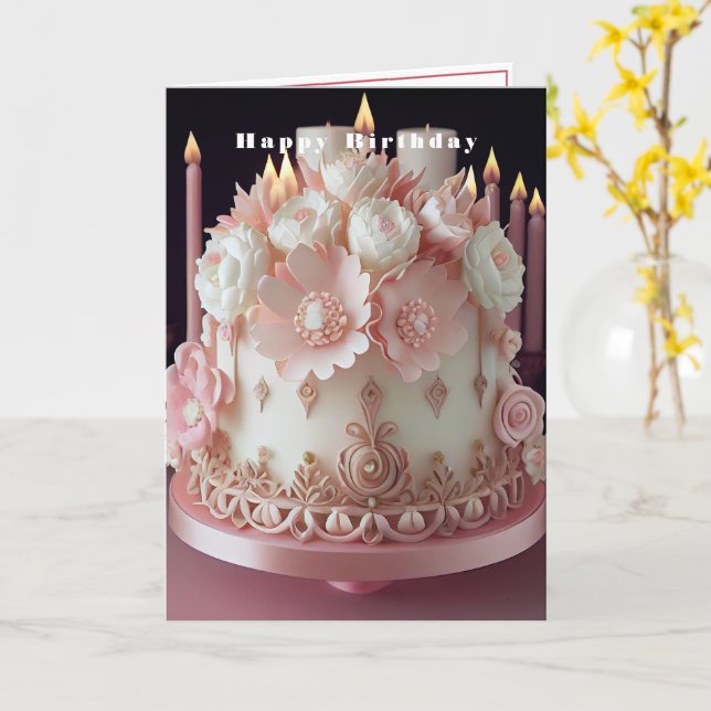 Carte Joyeux gâteau d'anniversaire avec bougies roses et (Fleur jaune)