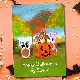 Carte Joyeux Halloween ami écureuil, lapin et hibou
