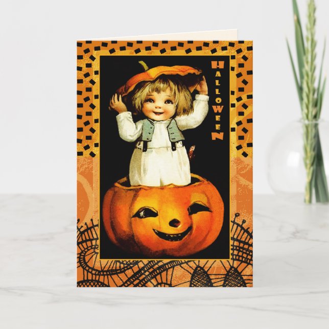 Carte Joyeux Halloween. Amusant enfant Vintage (Devant)