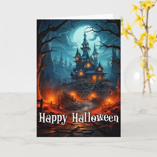 Carte Joyeux Halloween | Ancien manoir sinistre (Fleur jaune)