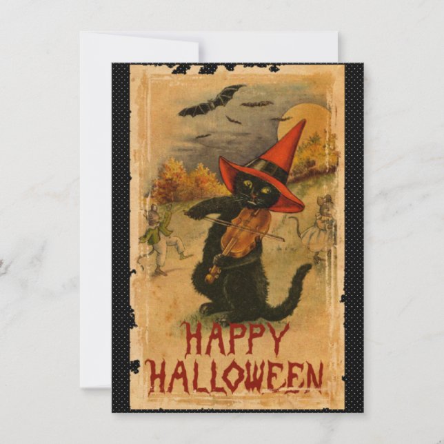 Carte Joyeux Halloween Chat noir Jouer des chauves-souri (Devant)