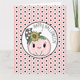 Carte Joyeux Halloween   Citrouille Rose et Points  