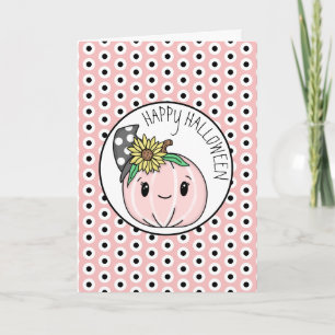 Carte Joyeux Halloween Citrouille Rose et Points à Poi