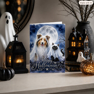 Carte Joyeux Halloween Fantômes Collie & Chat Plié