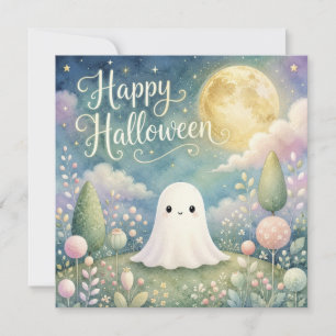 Carte Joyeux Halloween Gentil Fantôme Jardin Pastel