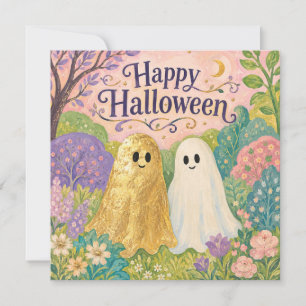 Carte Joyeux Halloween Joli Fantôme Fleur Jardin
