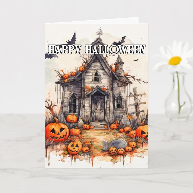 Carte Joyeux Halloween | Maison ancienne hantée et convi (Petite plante)