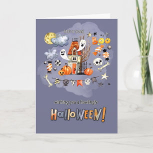 Carte Joyeux Halloween. Maison Éffrayante amusante