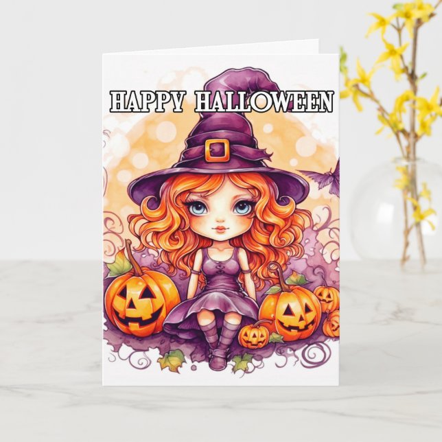 Carte Joyeux Halloween | Petite Sorcière Sassy (Fleur jaune)
