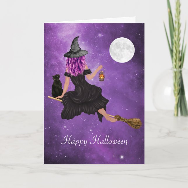 Carte Joyeux Halloween Sorcière Magique Volante (Devant)