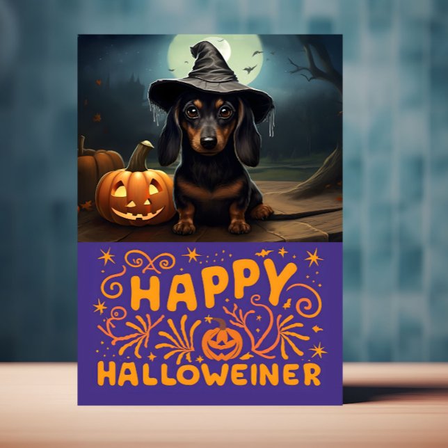 Carte Joyeux Halloweiner Chien Mignon (Halloween card with Weiner dog on front is displayed on a table top)