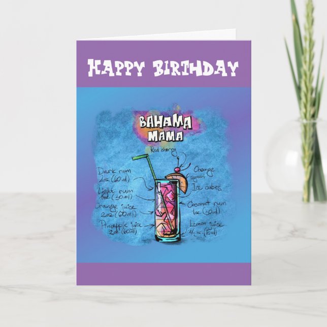 Carte Joyeux Humour d'anniversaire - Recette Bahama Mama (Devant)