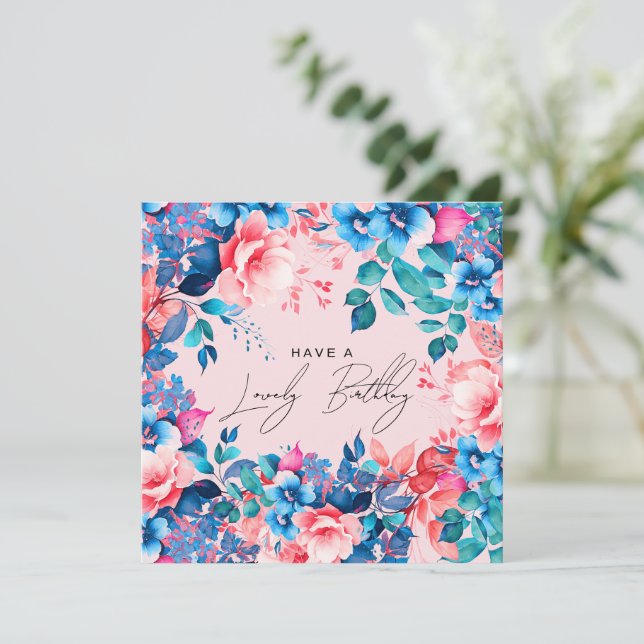 Carte Joyeux Jardin d'Anniversaire Floral Bleu rose (Debout devant)