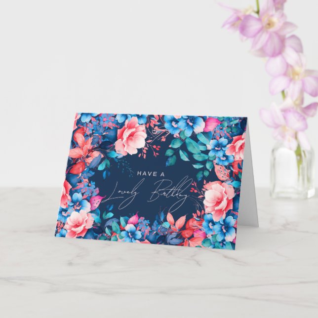 Carte Joyeux Jardin d'Anniversaire Floral Rose Navy Bleu (Orchidée)