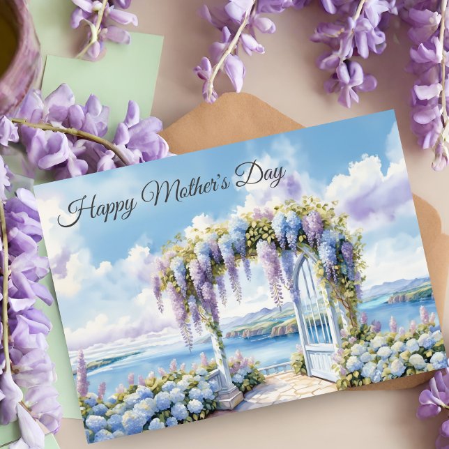 Carte Joyeux Jardin de la Fête des Mères de Wisteria Aqu (A lovely card for a Mom who loves flowers, enchanting gardens and the seaside. )