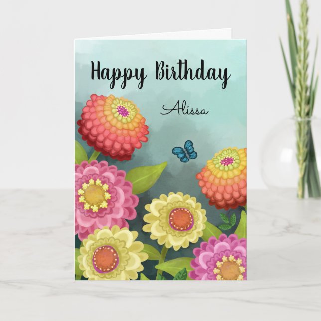 Carte Joyeux Jardin Fleur d'Anniversaire et Papillon (Devant)