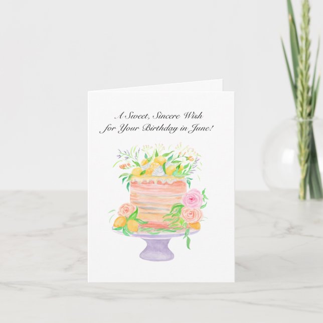 Carte Joyeux Juin Anniversaire Roses et citrons gâteau (Devant)