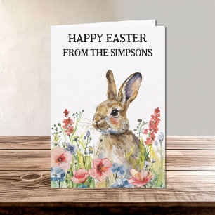 Carte Joyeux lapin d'aquarelle de Pâques en Fleurs Famil