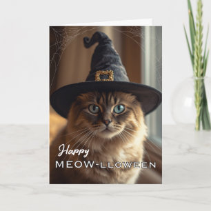Carte Joyeux Meow-lloween avec la sorcière de chat d'Hal