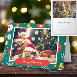 Carte Joyeux Motif de Noël Deux photos de famille Noël