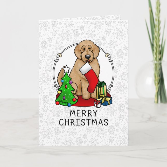 Carte Joyeux Noël 2 Goldendoodle (rouge doré) mignonne (Devant)