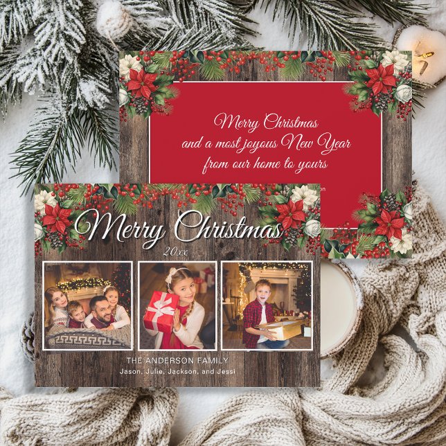Carte Joyeux Noël 3 Photo Bois Russe Baies Sanglantes (Rustic wood, holly and berries 3 photo Christmas greeting card)