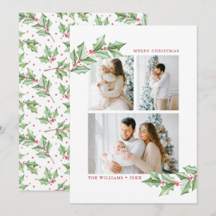 Carte Joyeux Noël Aquarelle Holly 3 Photos Vacances