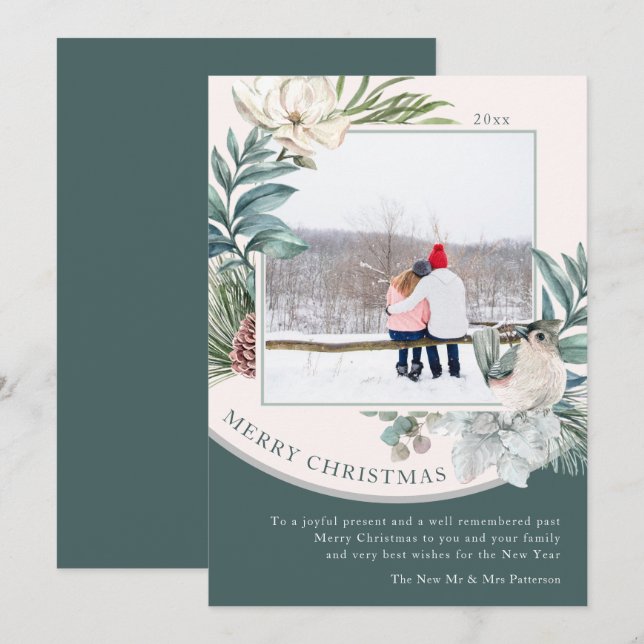 Carte Joyeux Noël aquarelle photo florale nouvellement m (Devant / Derrière)