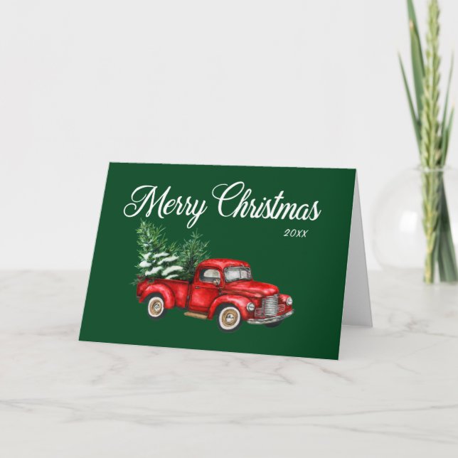 Carte Joyeux Noël Aquarelle Rouge Camion Vert Année (Devant)