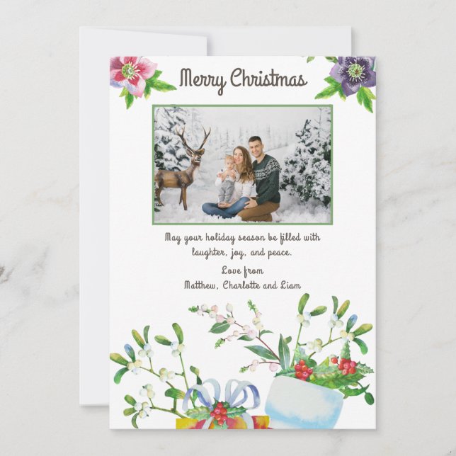 Carte Joyeux Noël Aquarelle Vacances Florale Photo (Devant)