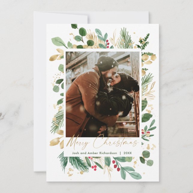 Carte Joyeux Noël aquarelle verdure or rouge saint (Devant)