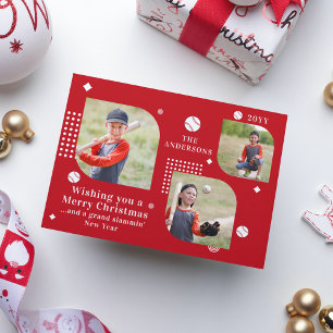 Carte Joyeux Noël Baseball Sport 3 Photo Nom de famille
