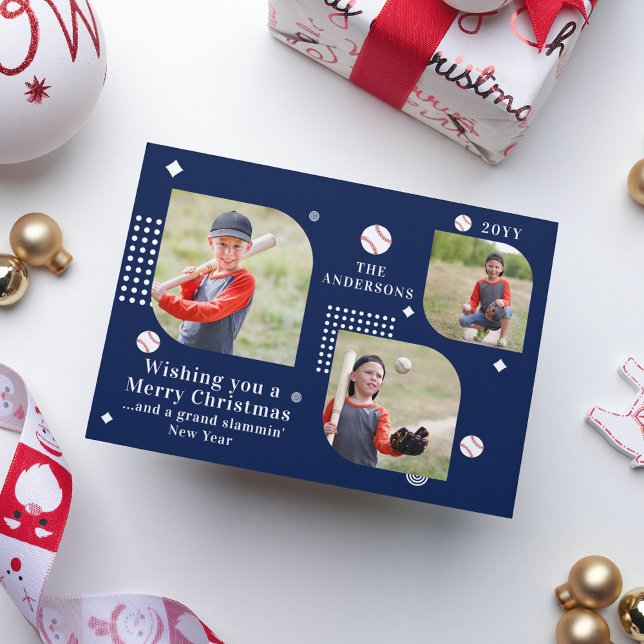 Carte Joyeux Noël Baseball Sport 3 Photo Nom de famille (Créateur téléchargé)