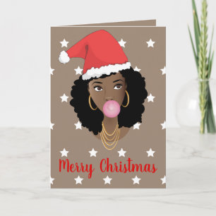 Carte Joyeux Noël! Black Woman Santa Hat White Stars