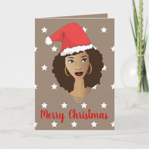Carte Joyeux Noël! Black Woman Santa Hat White Stars