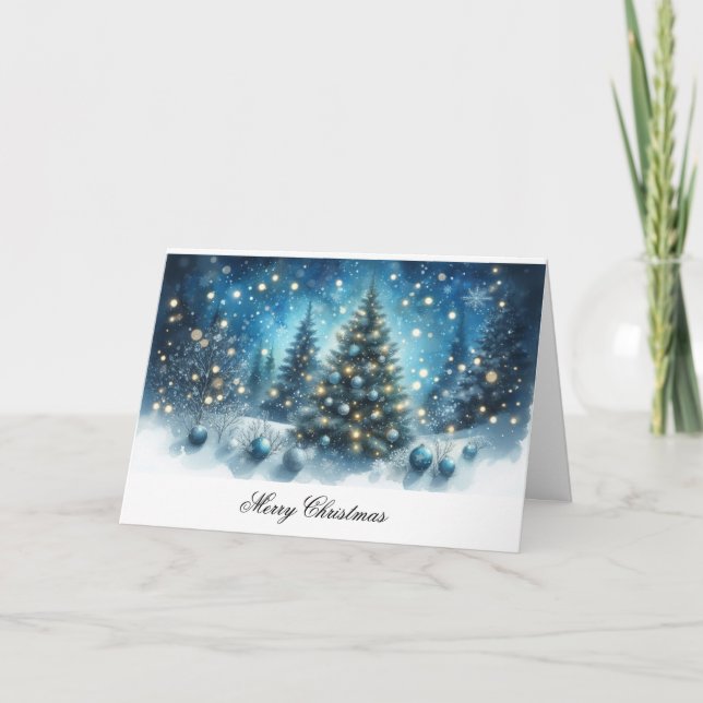 Carte Joyeux Noël Bleus Arbres et Ornements (Devant)