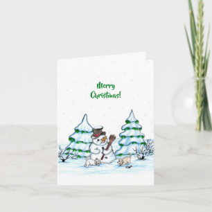 Carte Joyeux Noël ! Bonhomme de neige avec chat et chiot